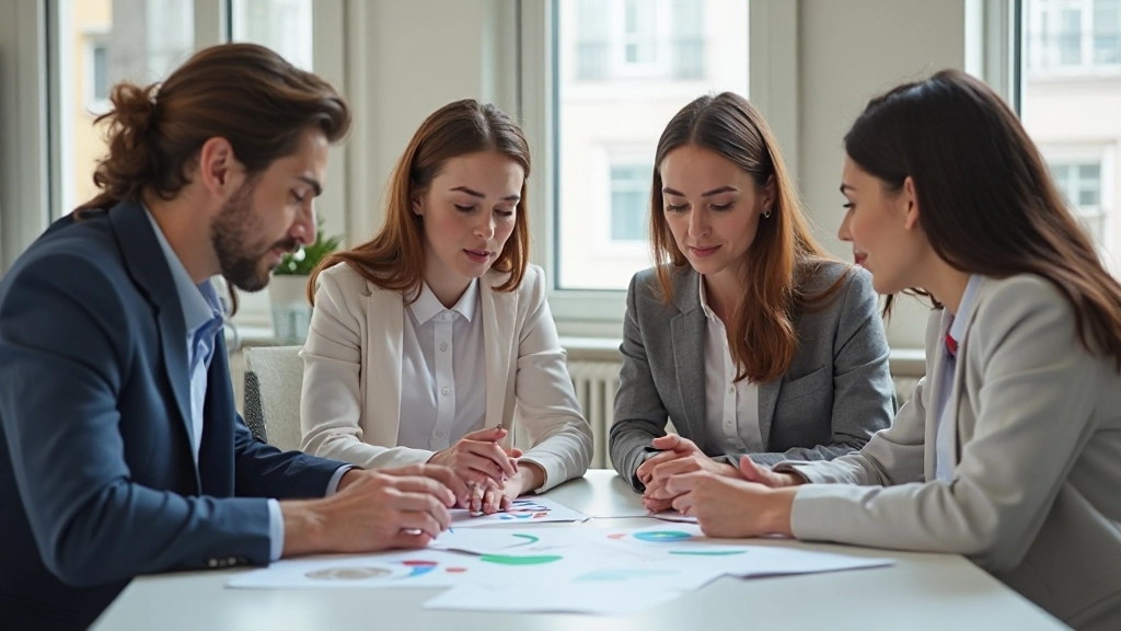Profissionais analisando gráficos e dados em ambiente de trabalho colaborativo