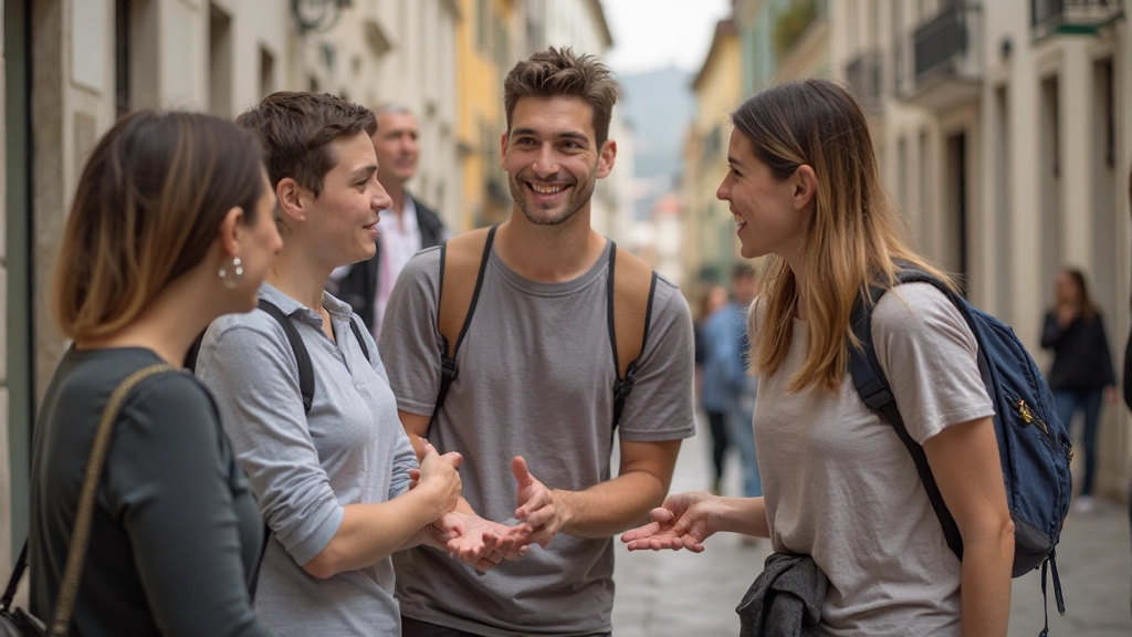 Pessoas em conversa casual ao ar livre em um cenário urbano português, expressões faciais amigáveis e engajadas