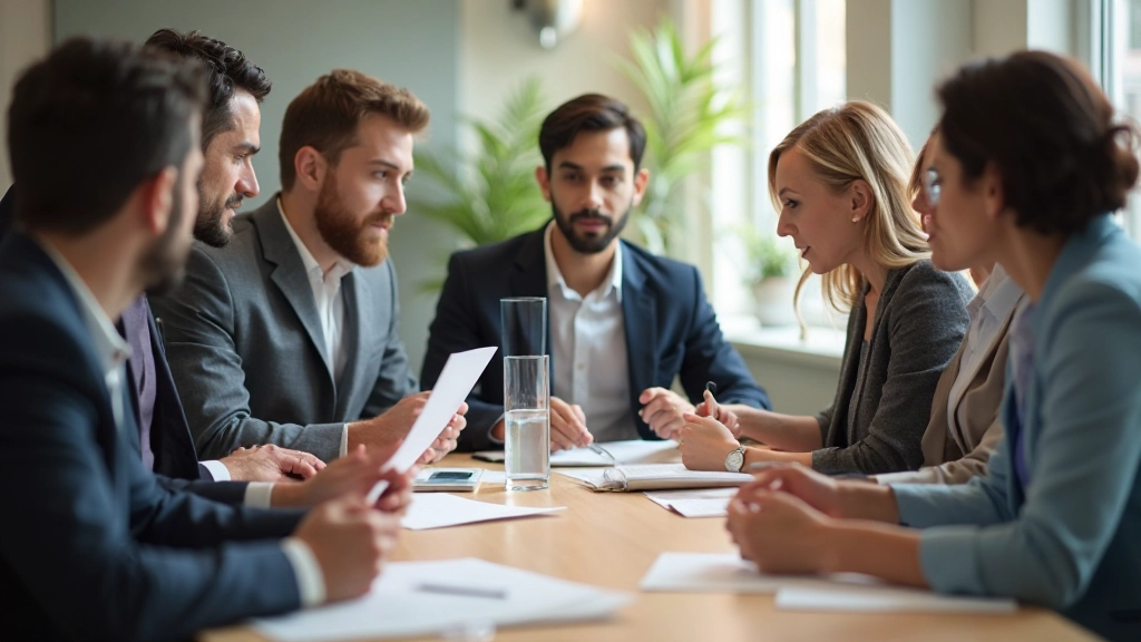 Professional business meeting with multicultural participants communicating in Spanish