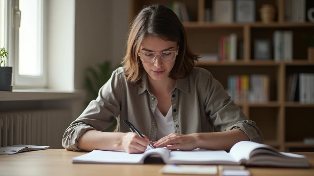 Professional student studying Spanish conversation materials at desk with language learning resources