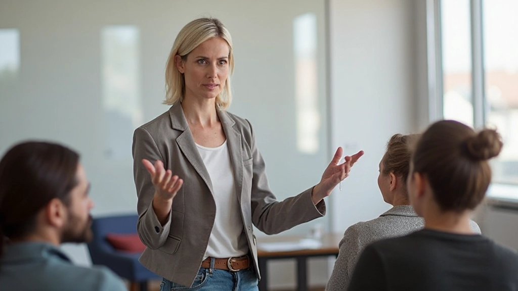 Instrutor de idiomas ensinando espanhol conversacional em sala de aula moderna
