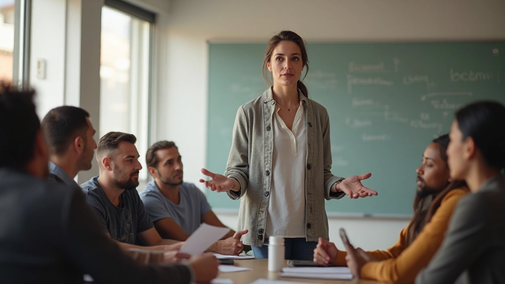 Profissional ensinando expressões essenciais em espanhol em sala de aula interativa