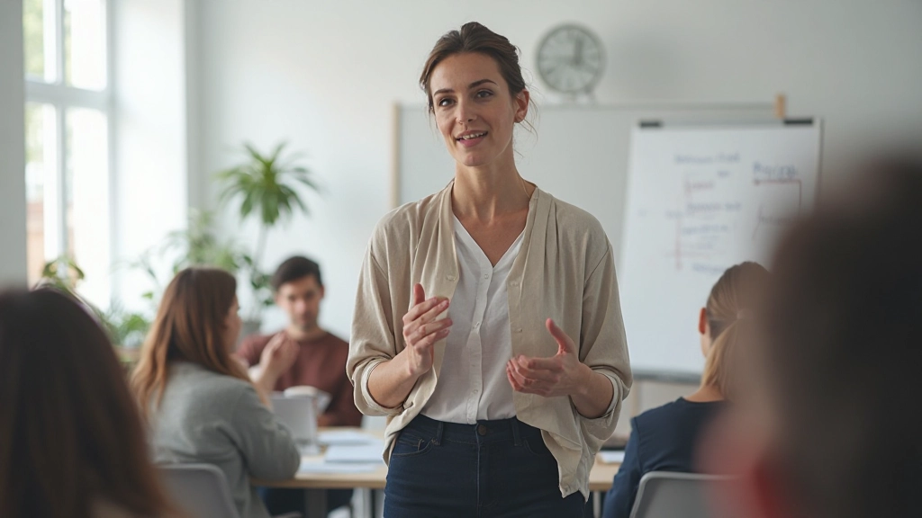 Professor de espanhol ensinando entonação e ritmo para grupo de estudantes em sala de aula moderna