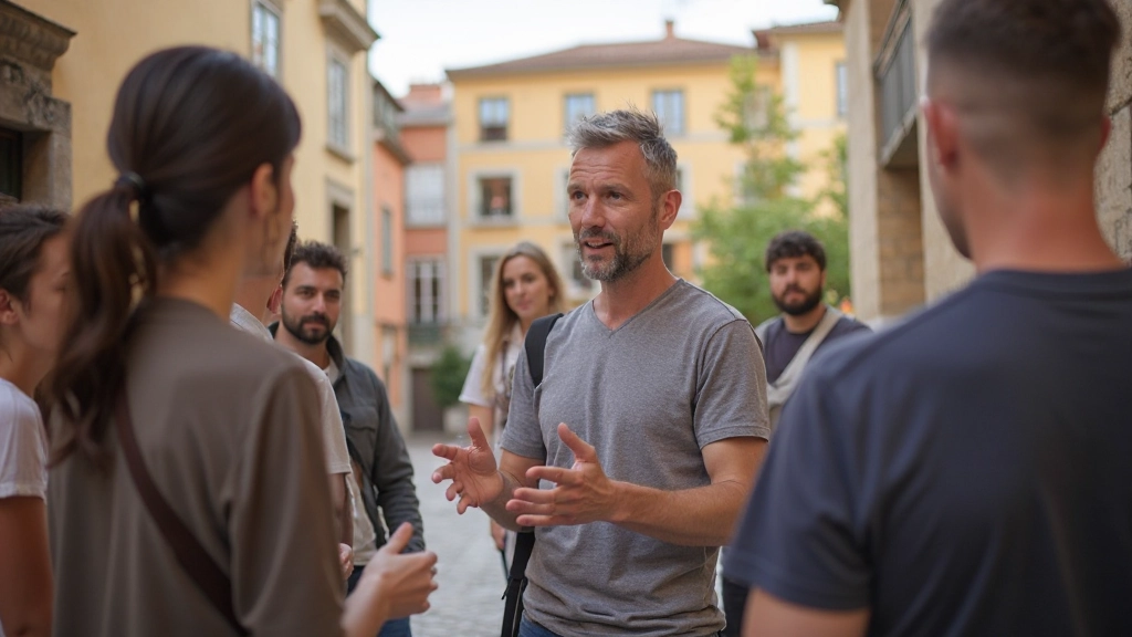 Professional tour guide gesturing while explaining to attentive visitors in Portuguese city setting