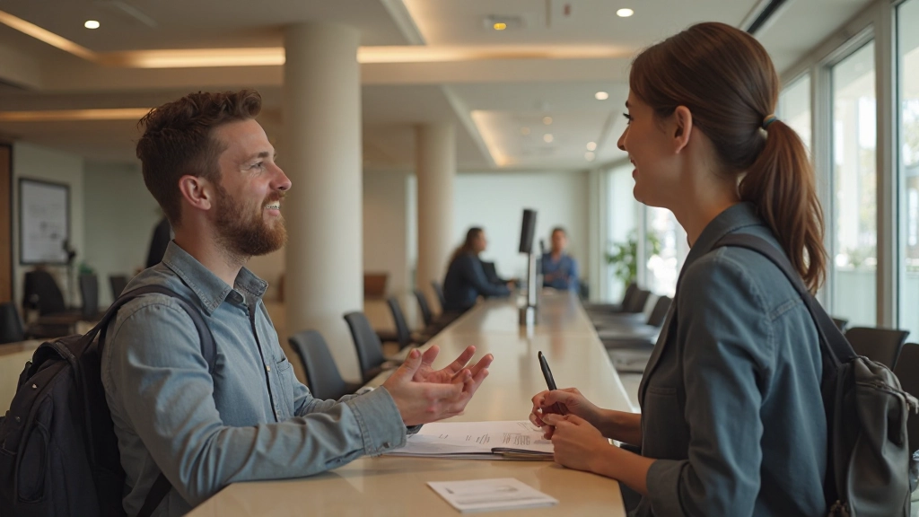 Turista perguntando a recepcionista do hotel, representando conversas em situações turísticas