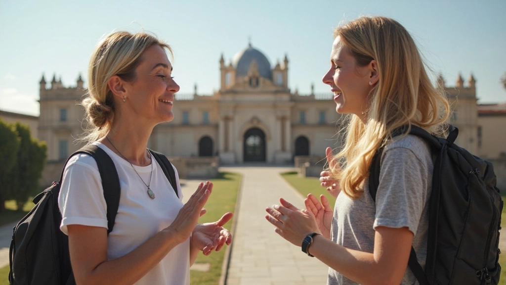 Turista visitando ponto turístico histórico em Portugal, conversando com guia local amigável durante visita