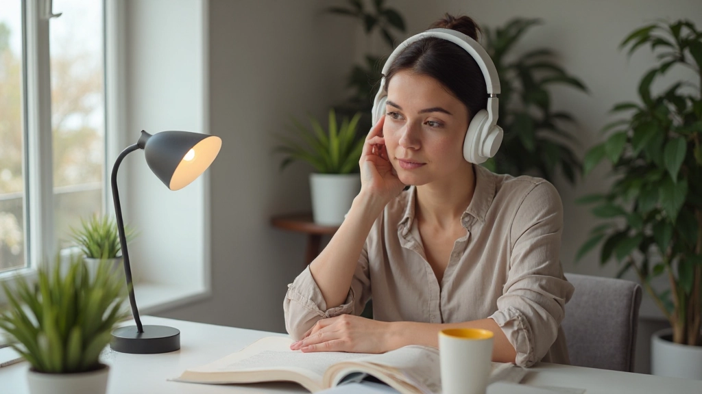 Mulher estudando pronúncia de espanhol com fones de ouvido em ambiente de estudo moderno